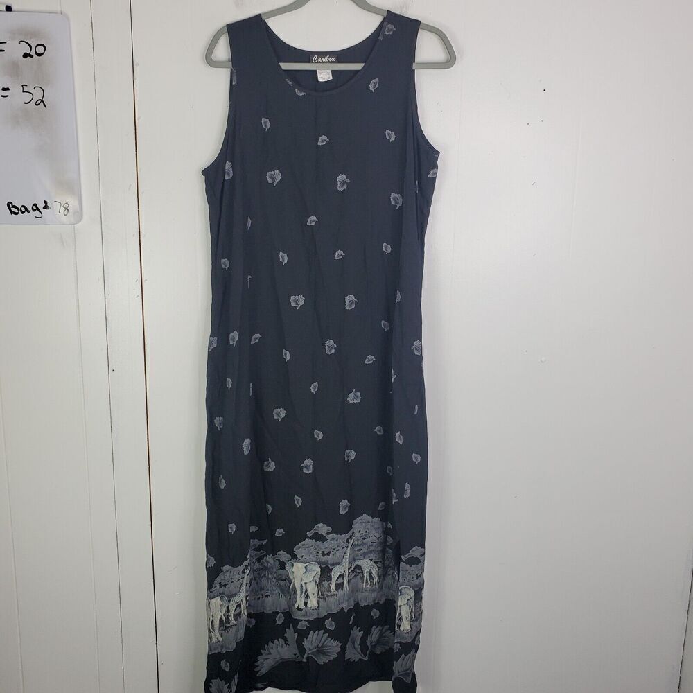 Vintage Caribou Midi Dress Womens M Safari Elephant Giraffe Africa Cabin 90s